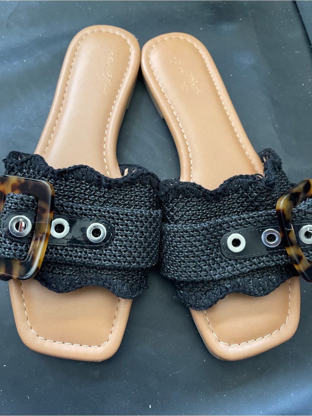 White Mountain Black Woven Slide Sandals with Tortoiseshell Buckle